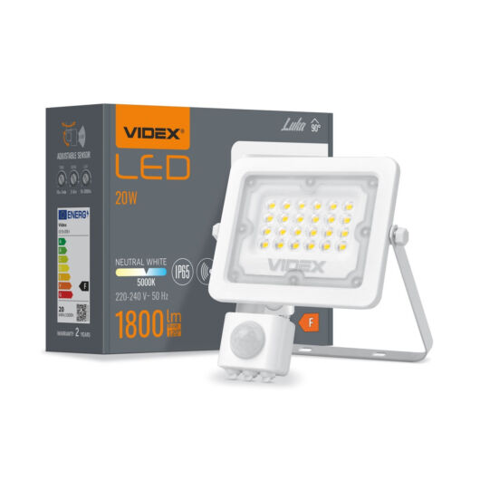 Videx F2e 20 W-os mozgásérzékelős natúrfehér kültéri LED reflektor.