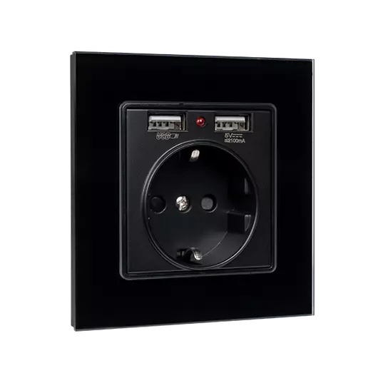 GERMAN TYPE SOCKET 16A WITH 2XUSB GLASS FRAME BL