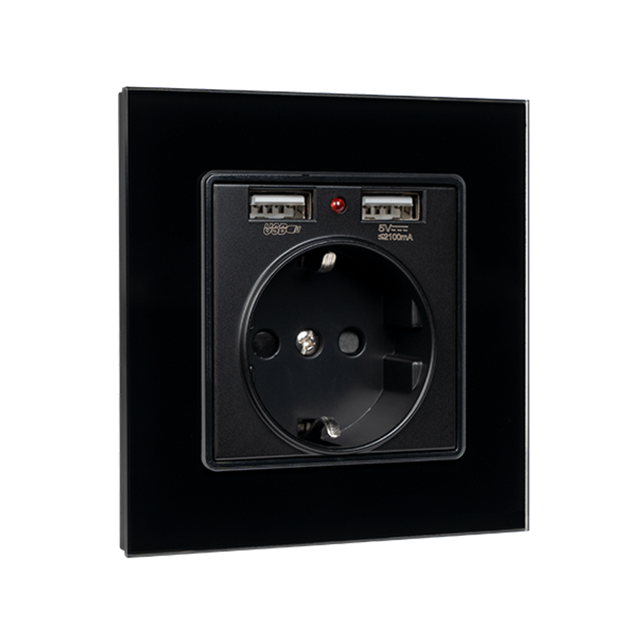 Image of GERMAN TYPE SOCKET 16A WITH 2XUSB GLASS FRAME BL