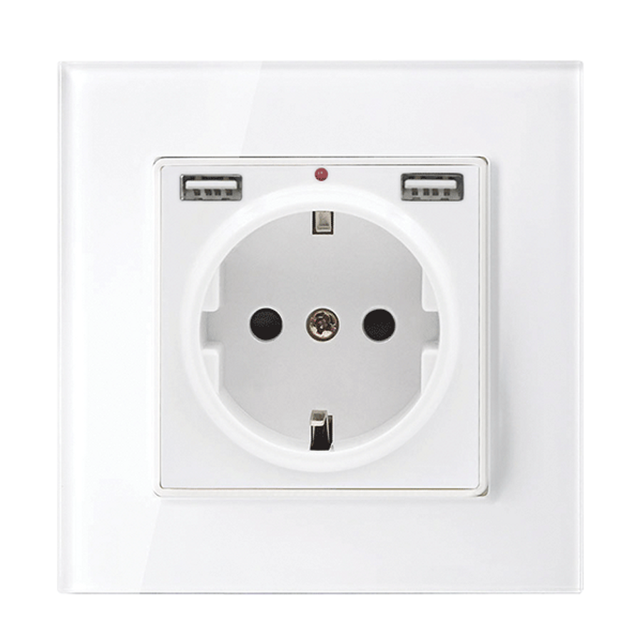 Image of GERMAN TYPE SOCKET 16A 2XUSB GLASS FRAME WH+C. BOX